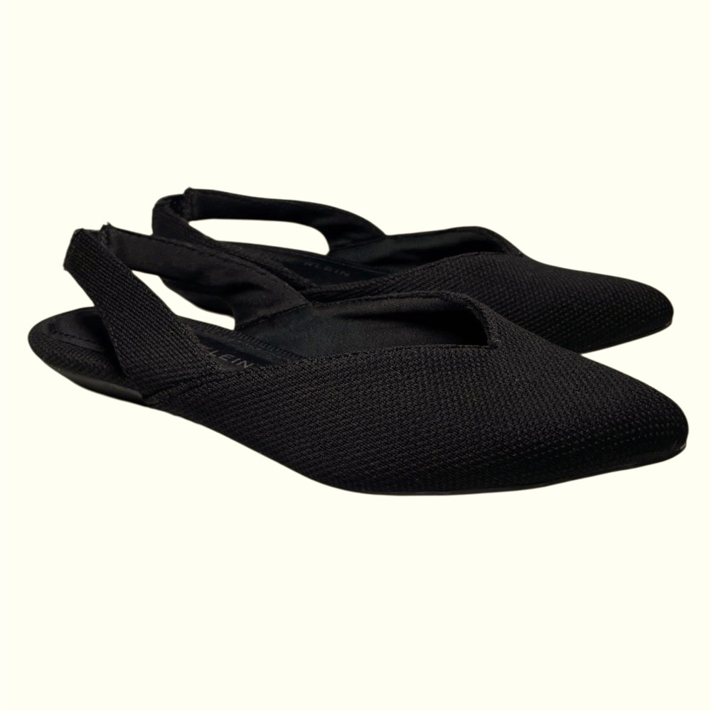 Anne Klein woven slingback flat “Olympia” black fabric SZ 6 almond